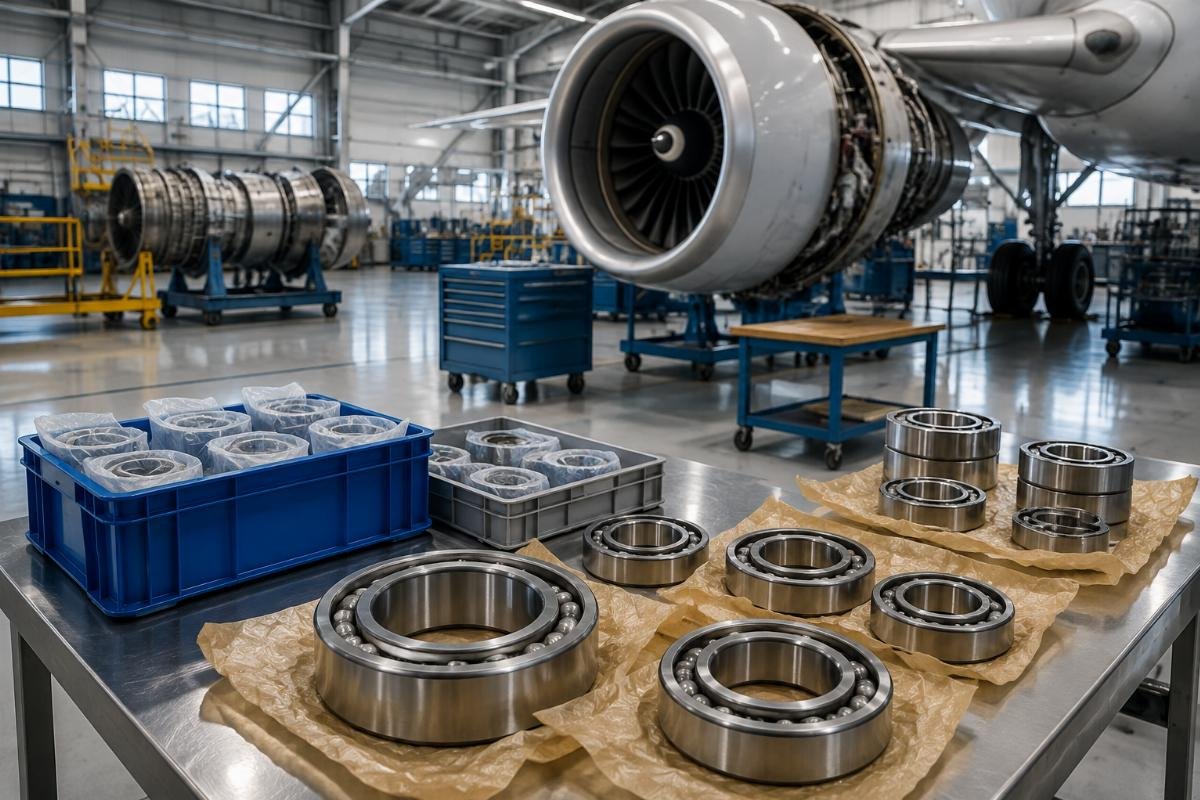 Aerospace maintenance workshop with verified origin bearings staged for installation