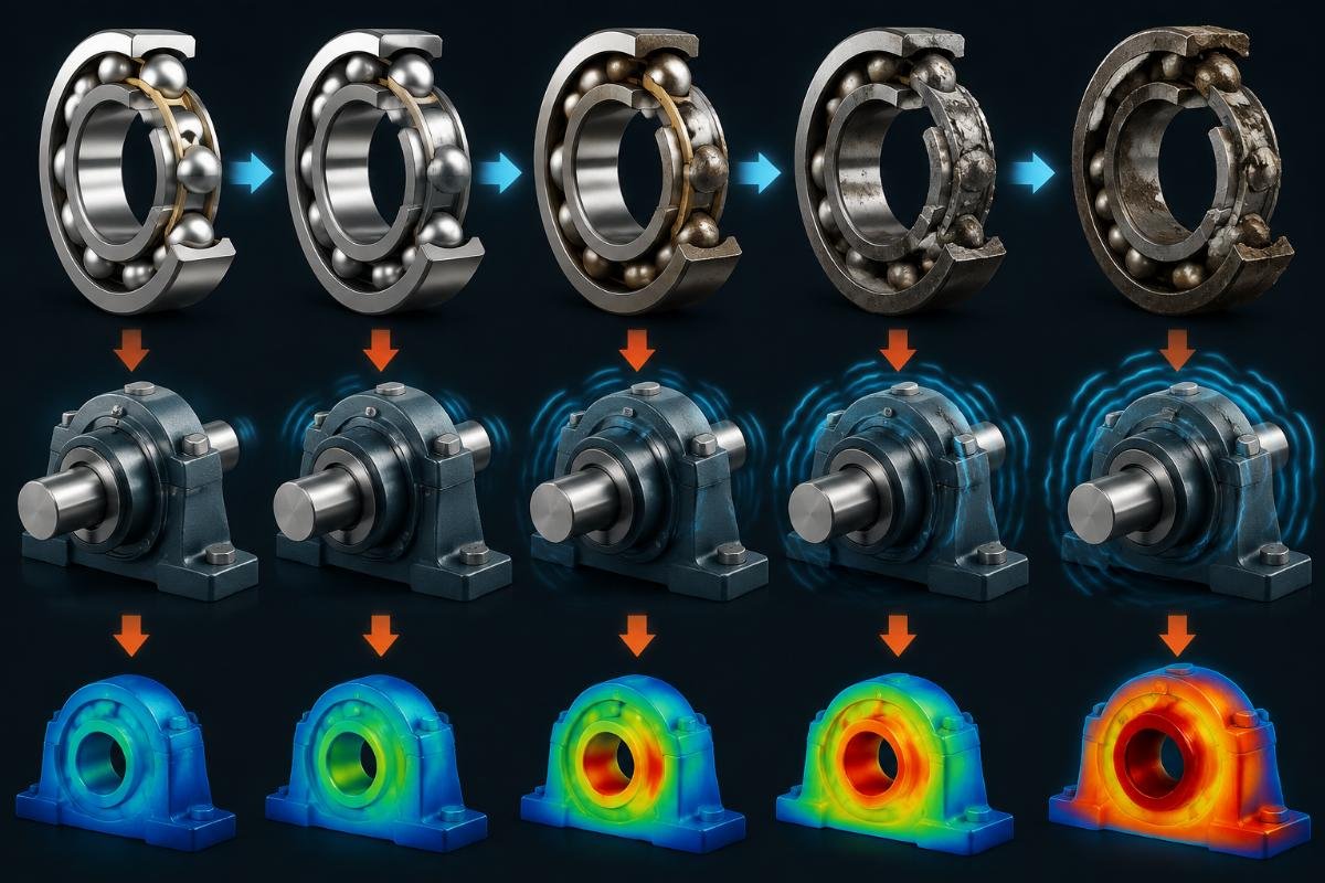Bearing failure progression from precision mismatch showing vibration and temperature rise