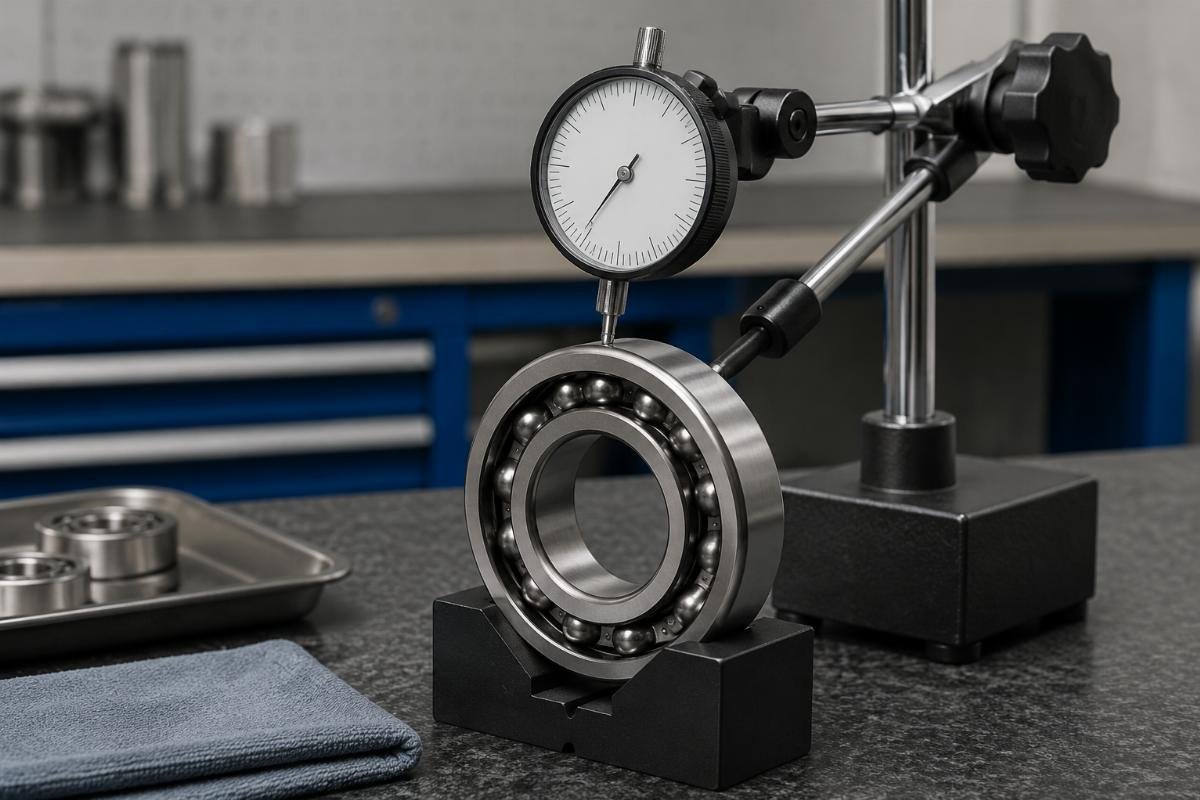 Bearing inspection workspace with dial indicator measuring radial clearance on SKF bearing