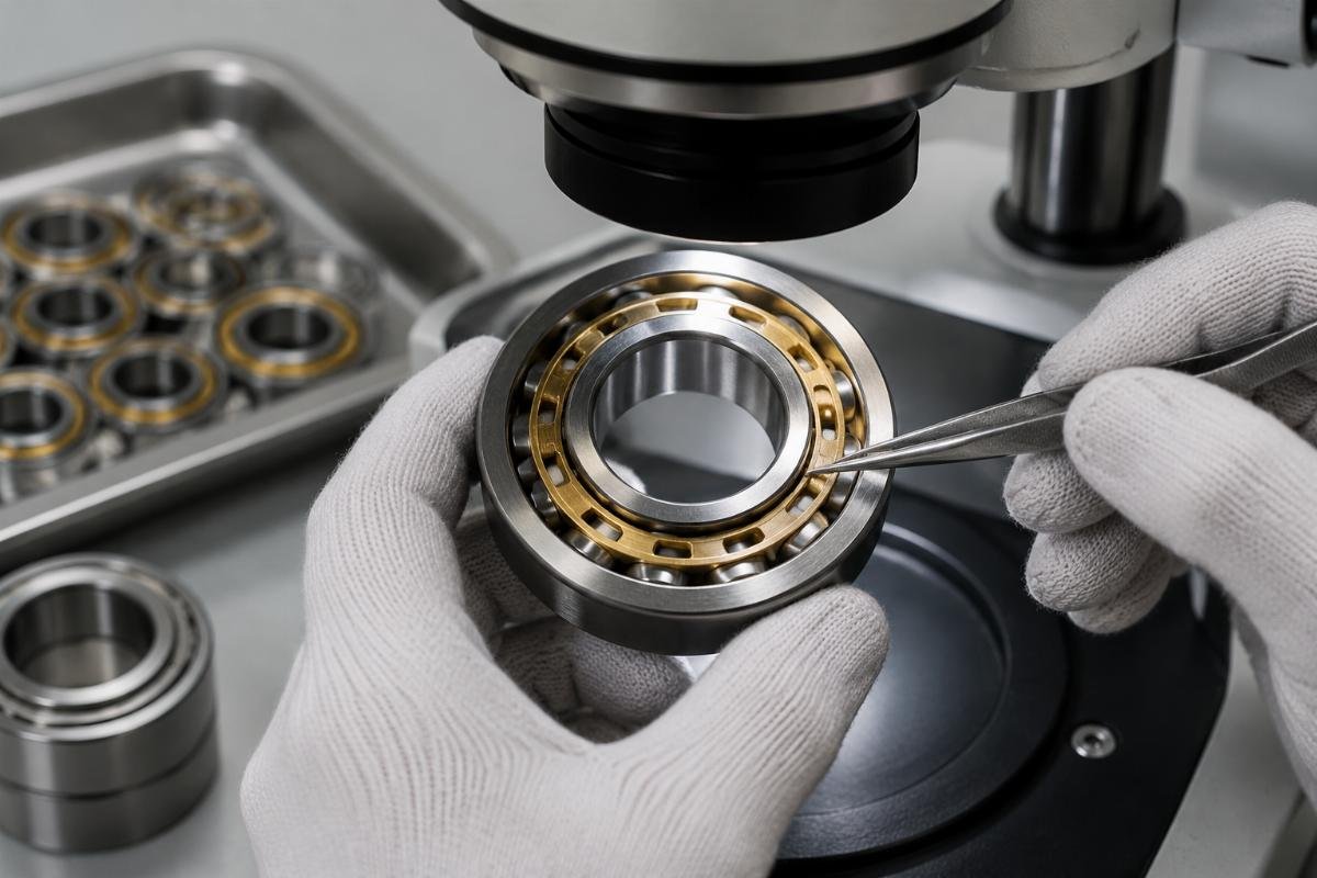 Bearing with brass cage being inspected under magnification showing cage guidance structure
