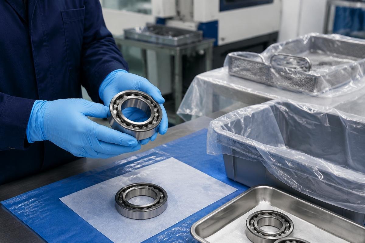 Clean bearing installation practice showing gloved handling and protected workspace