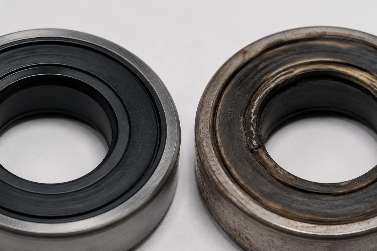 Close-up comparison of genuine SKF bearing seal versus counterfeit seal showing discoloration and degradation