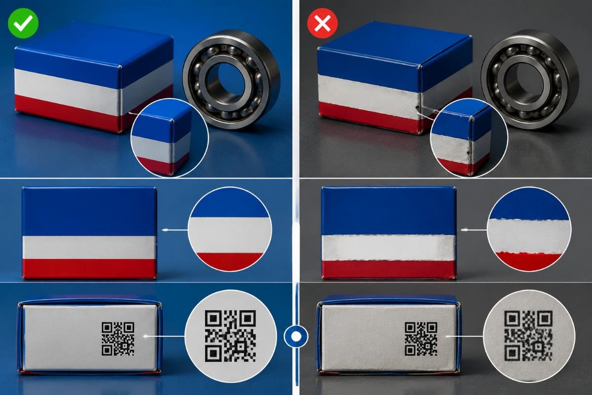 Comparison of genuine and counterfeit SKF bearing packaging showing differences in label quality, font, and QR code placement