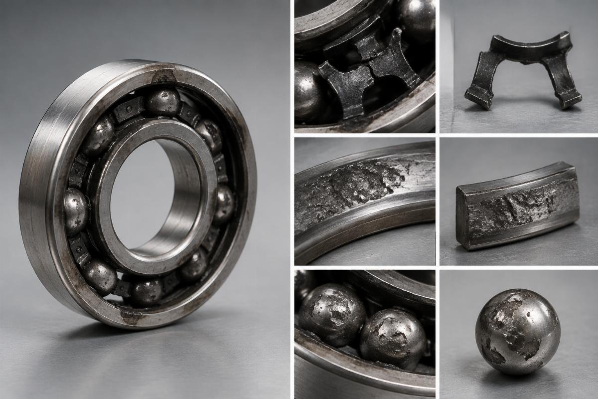 Counterfeit bearing failure modes showing cage fracture raceway spalling and rolling element damage