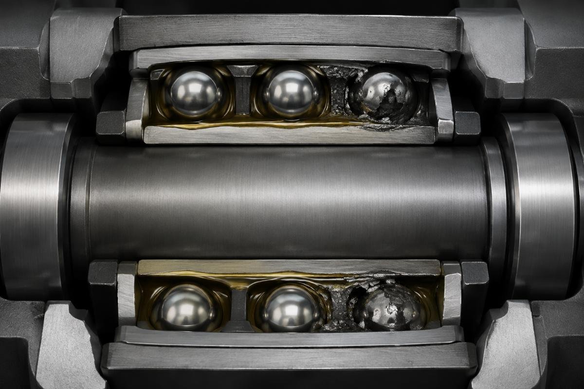 Cross-section view showing lubricant film breakdown caused by excessive preload in a rolling bearing