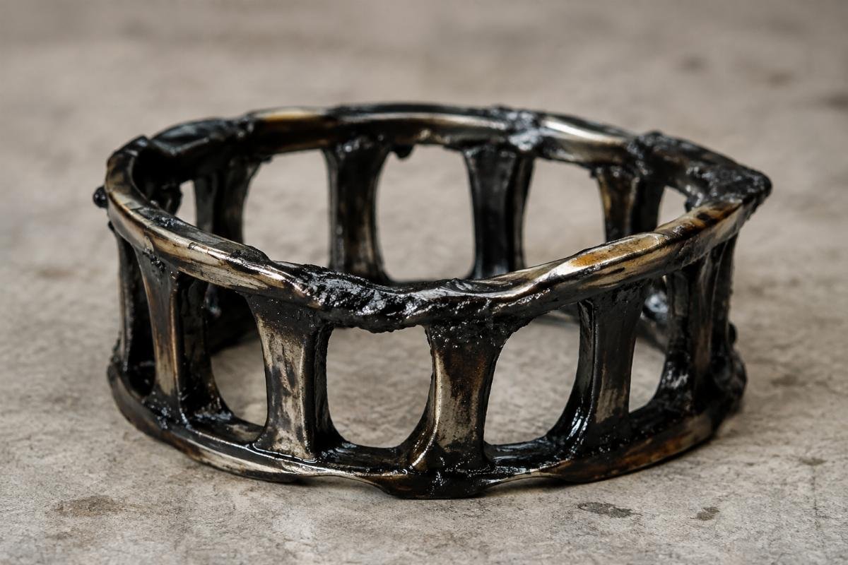 Damaged bearing cage showing deformation and carbon deposits from thermal overload