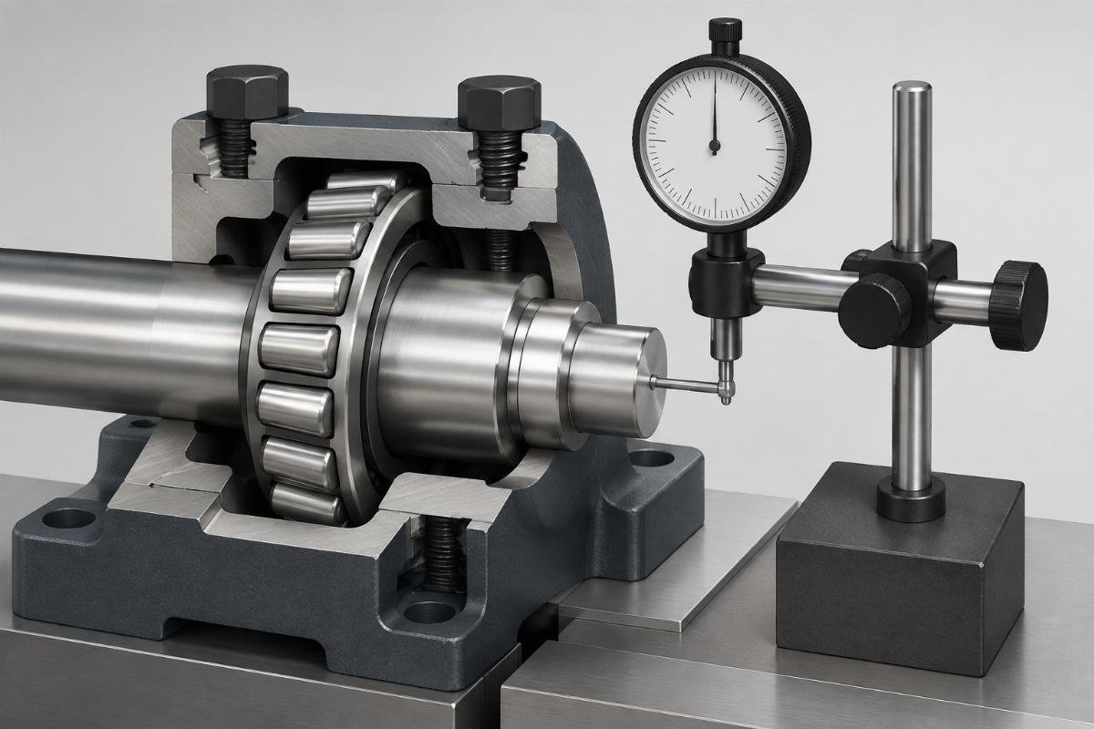 Diagram illustrating axial clearance measurement setup for tapered roller bearings using a dial indicator
