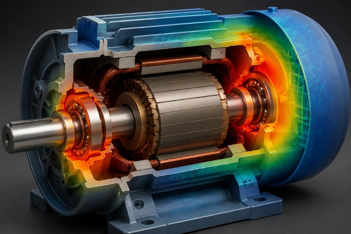 Electric motor cross-section showing bearing positions and thermal gradient zones