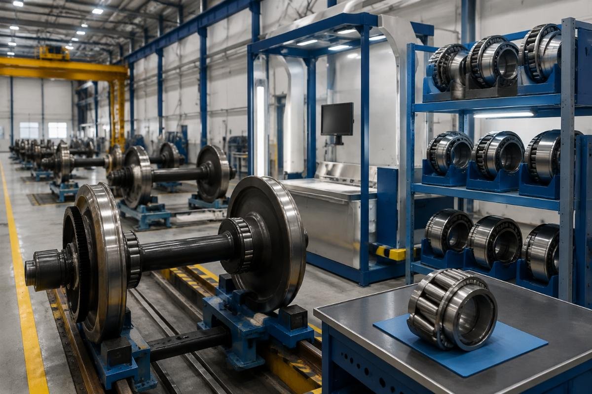 European railway wheelset maintenance workshop with SKF bearing storage and verification station