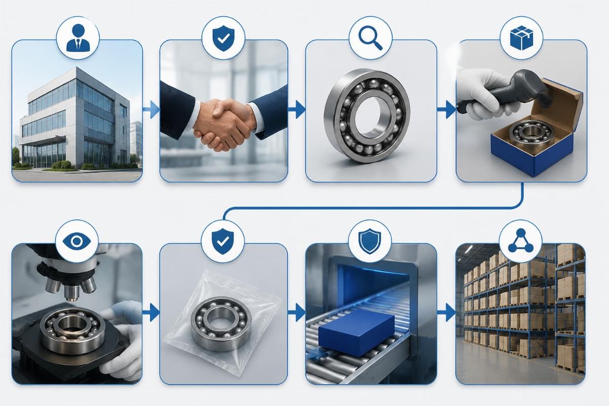 Flowchart showing steps to verify SKF bearing authenticity from supplier authorization to batch traceability