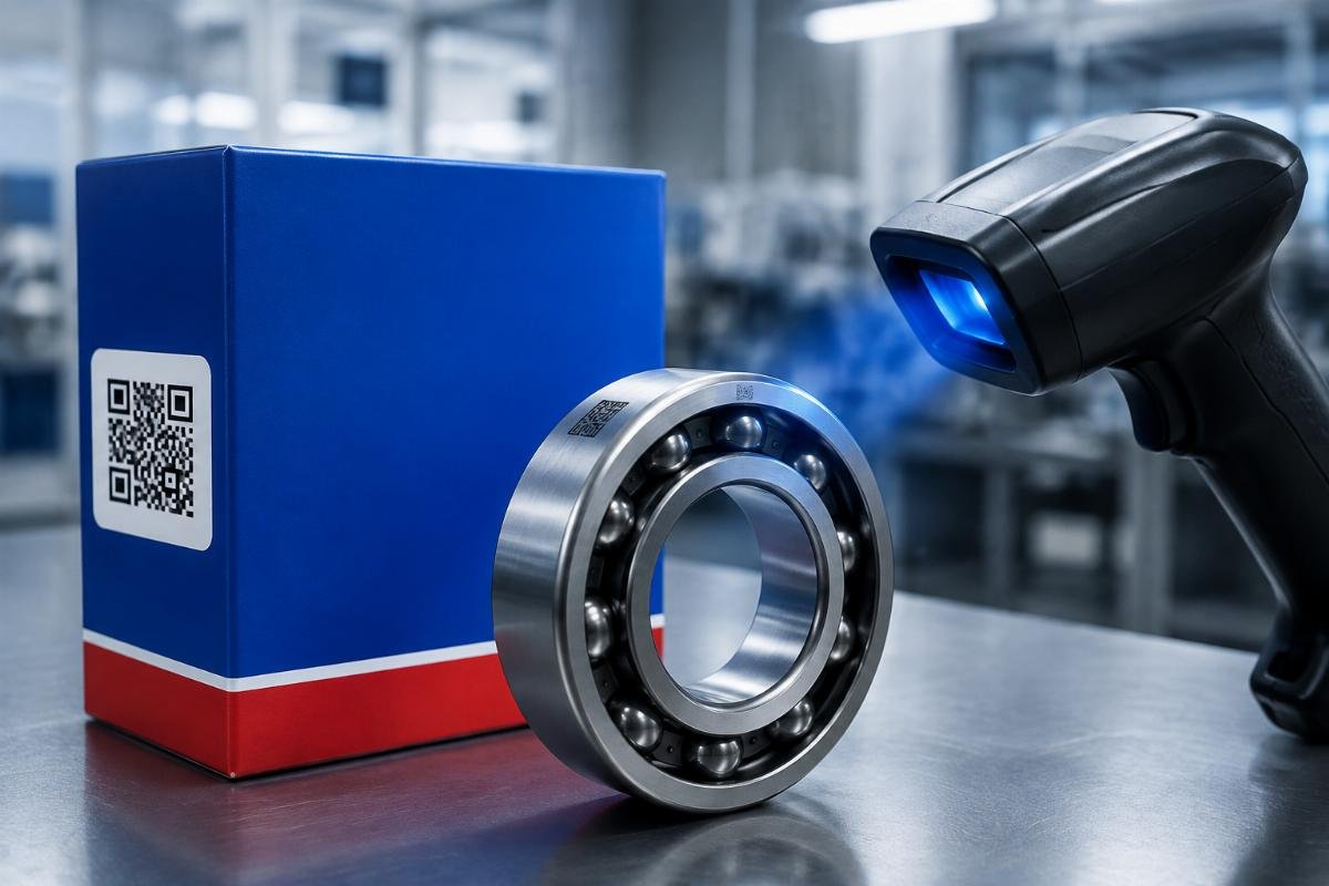 Genuine SKF bearing packaging showing QR code verification and laser-etched markings