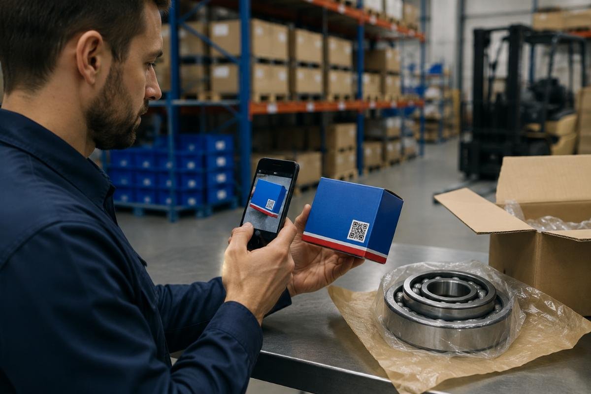 Industrial buyer scanning SKF bearing box QR code with smartphone app in a warehouse setting