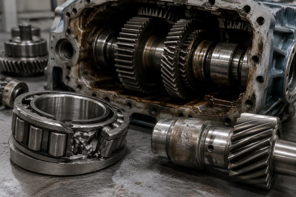 Industrial gearbox teardown showing early fatigue damage from unverified bearing material