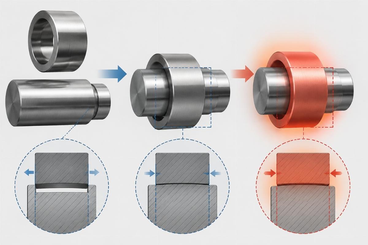 Interference fit diagram showing inner ring expansion and clearance reduction on shaft