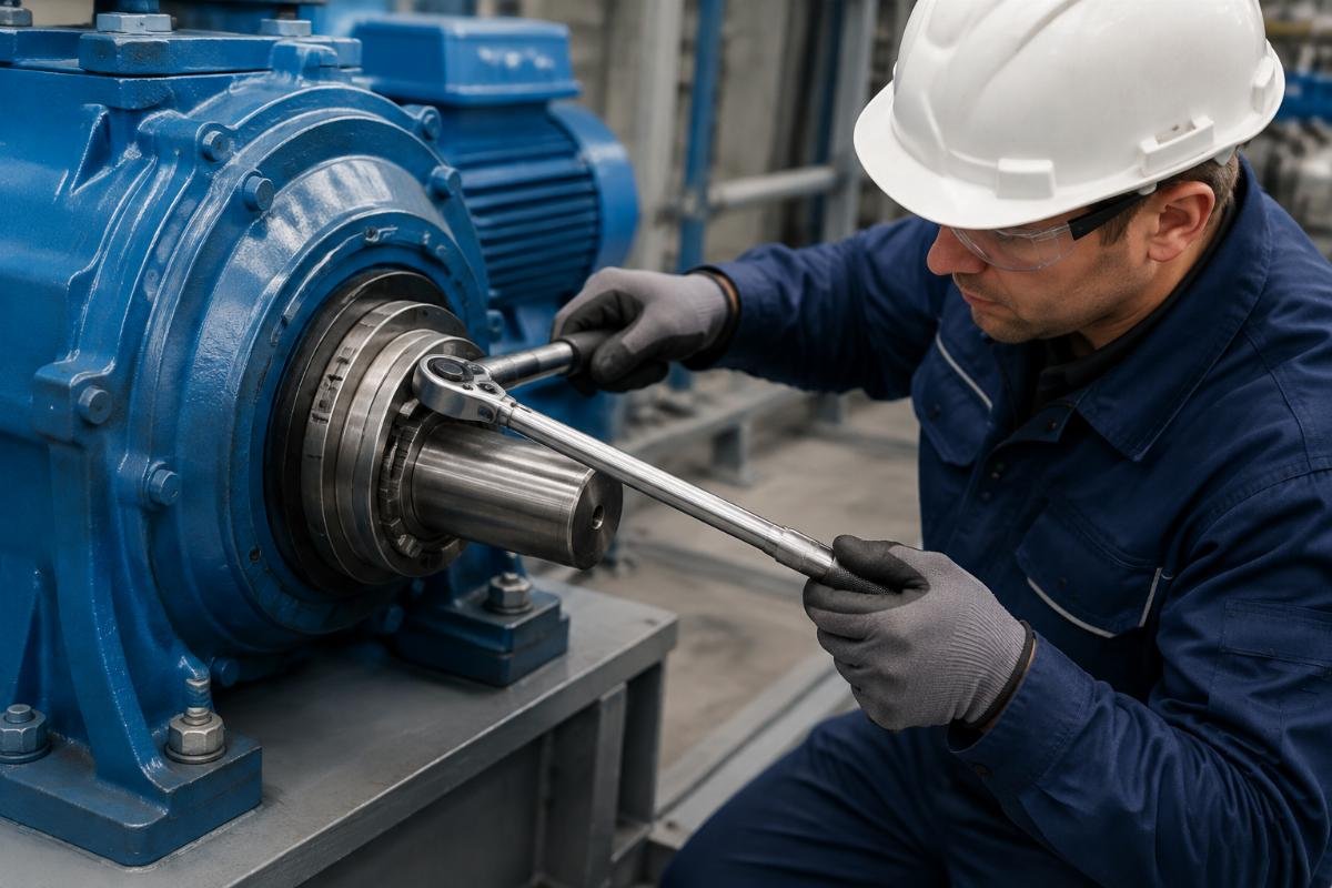 Maintenance technician using a torque wrench to tighten a bearing locknut during SKF preload adjustment