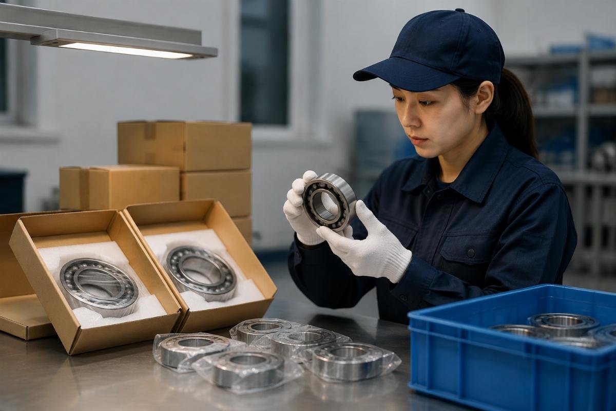 Pre-shipment bearing inspection showing packaging integrity check and visual examination