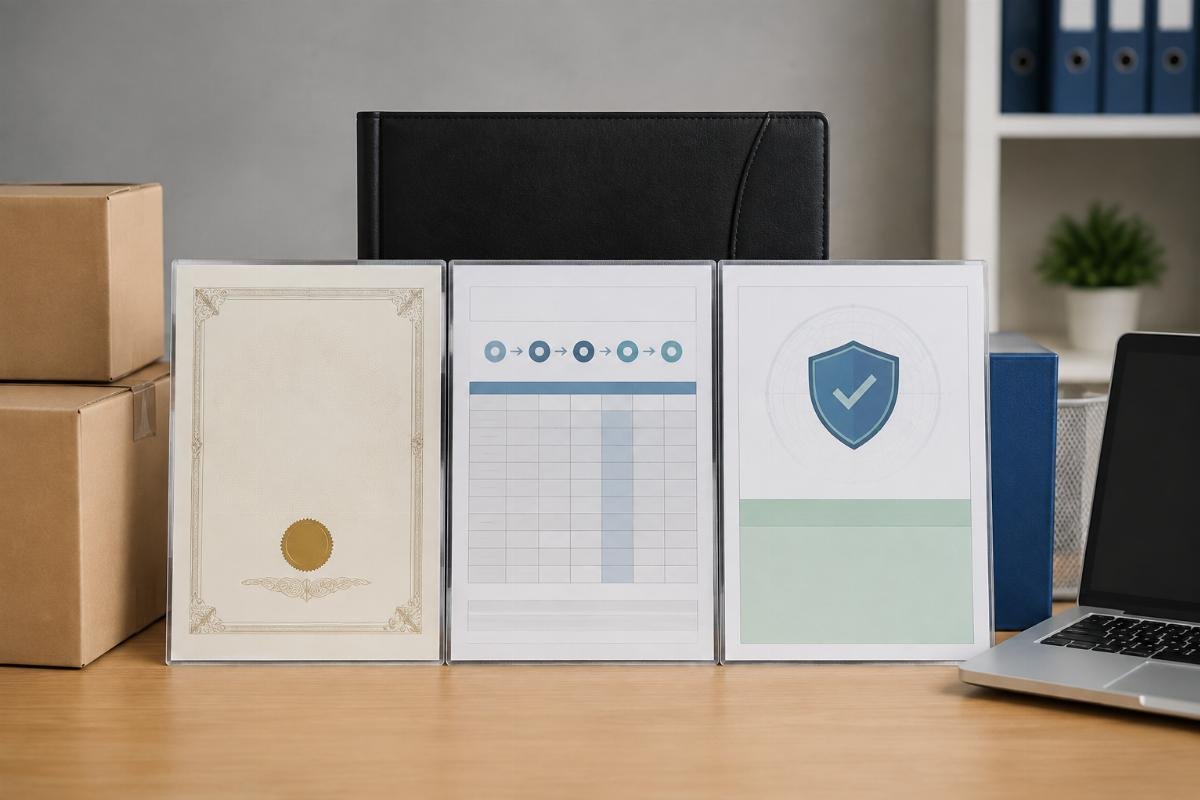 Procurement documentation package showing authorized distributor certificate, batch traceability report, and QR verification result