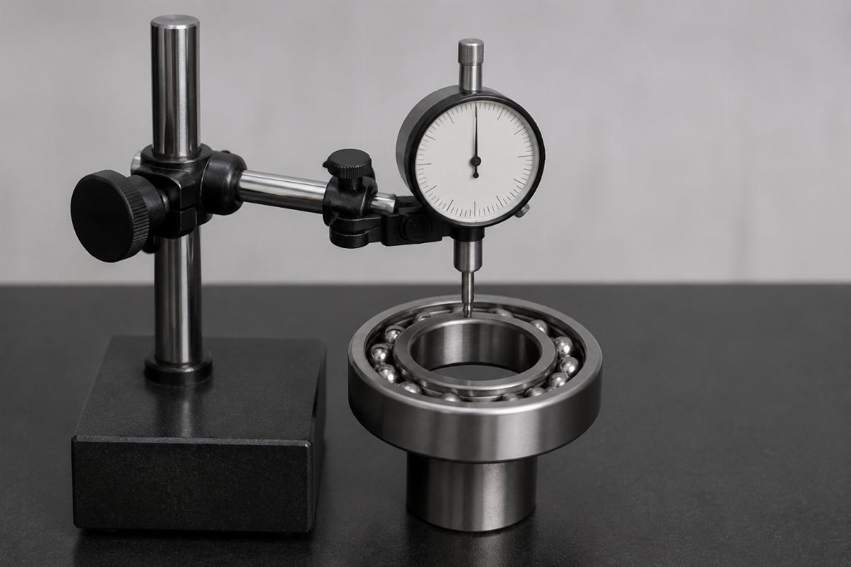 Radial clearance measurement setup with dial indicator on deep groove ball bearing