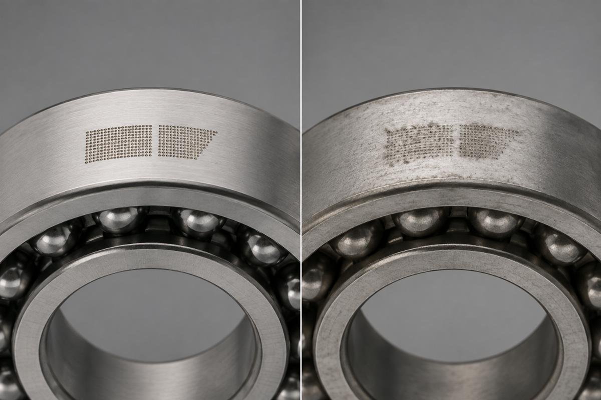 Side-by-side comparison of genuine and suspect SKF bearing laser etching quality