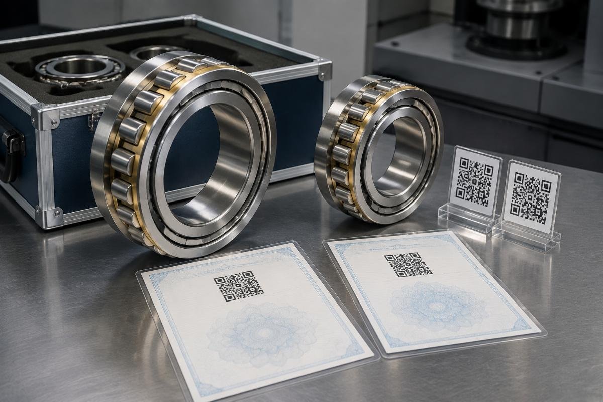 SKF 22320 and 32218 wheelset bearings with origin verification documentation and QR code labels