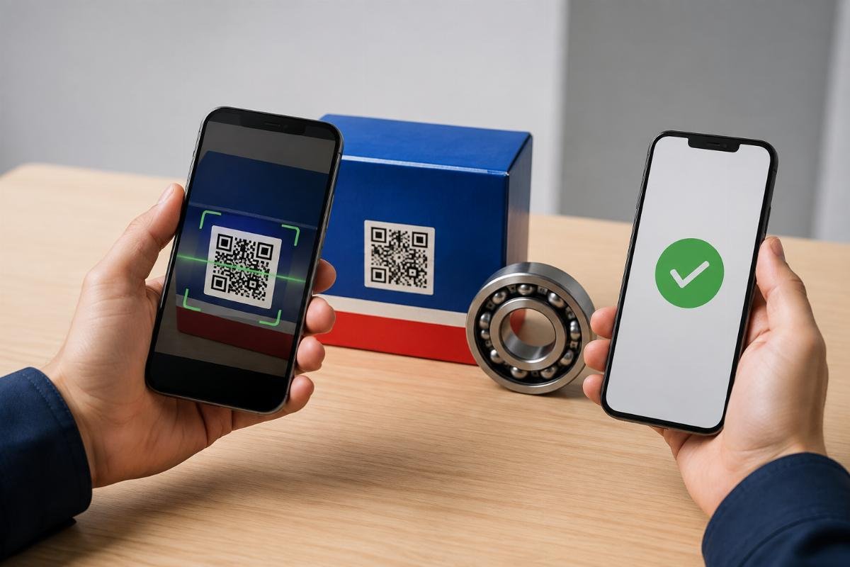SKF Authenticate app scanning QR code on bearing packaging with verification result displayed
