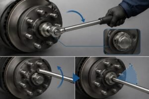 SKF wheel end torque specifications procedure showing hub nut tightening and back-off angle