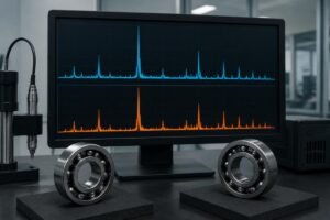 Spectral analysis display showing frequency peaks for two different origin batches of the same bearing model