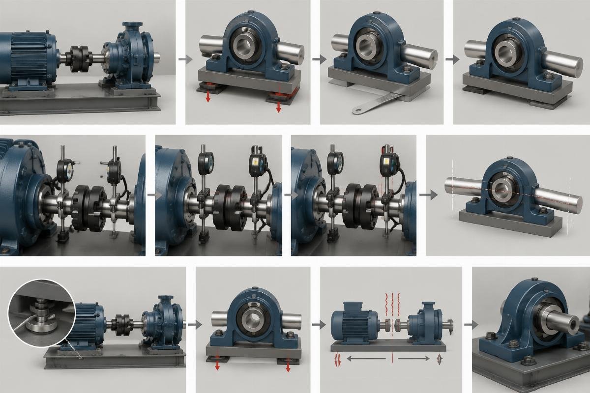 Step-by-step illustration of SKF pillow block alignment procedure with soft foot and thermal compensation