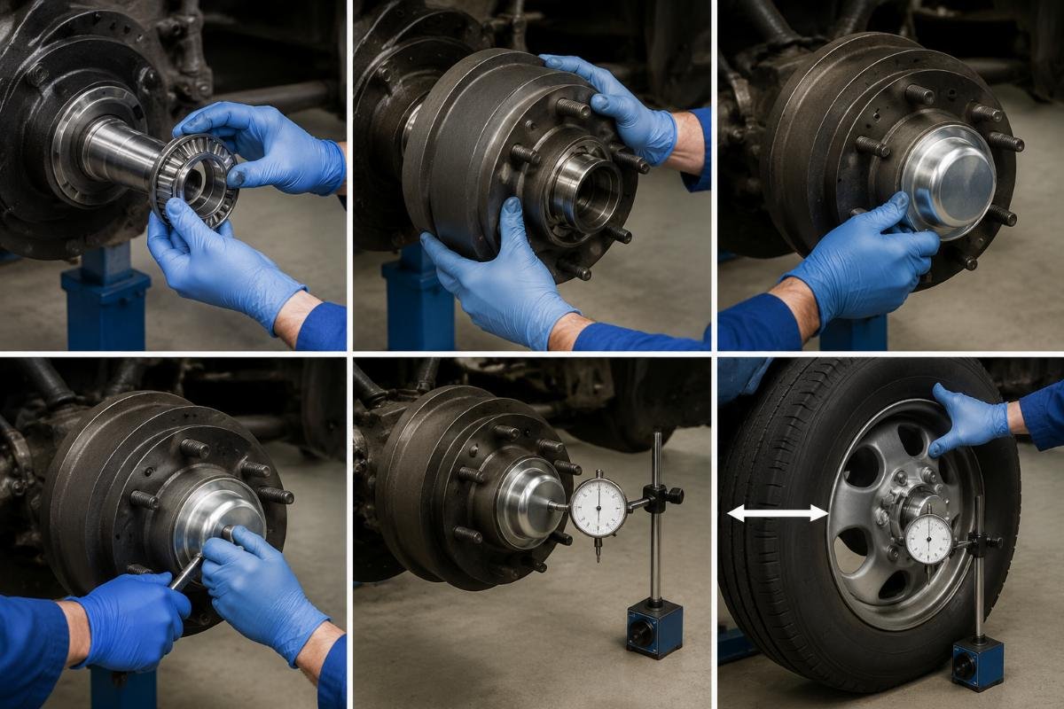 Step-by-step SKF wheel end bearing installation showing dial indicator end-play measurement