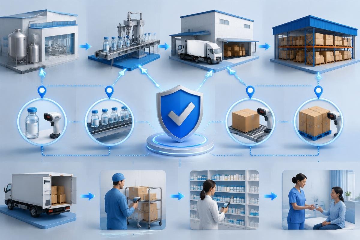 Supply chain verification diagram showing authorized distributor and batch traceability checkpoints