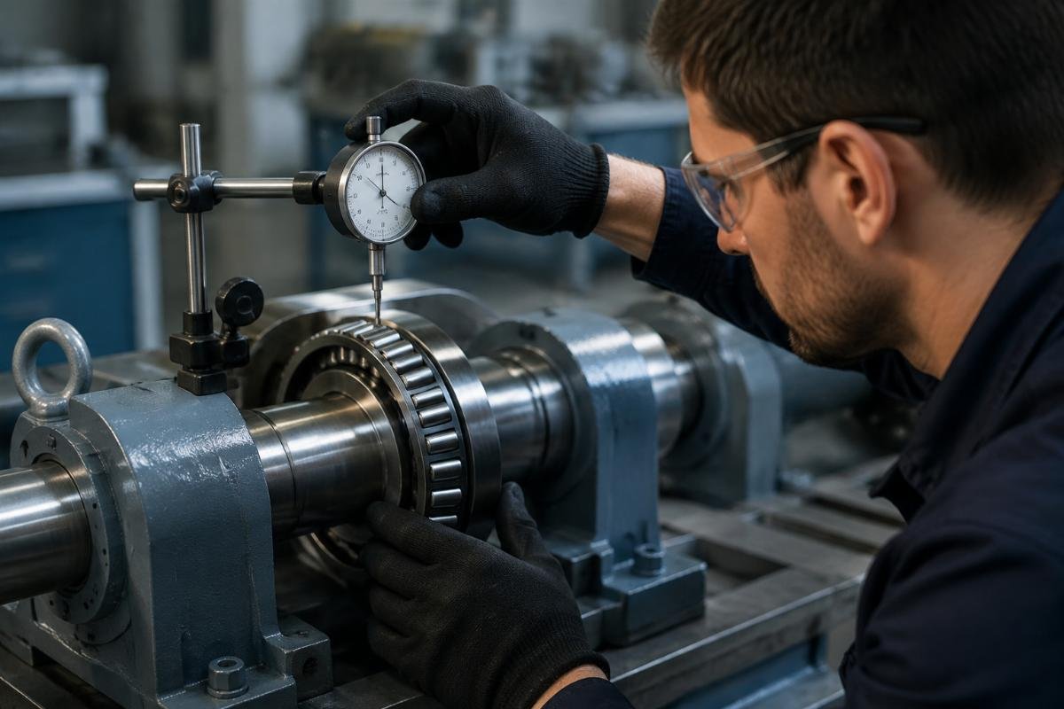 Technician using a dial indicator to measure axial clearance on a mounted tapered roller bearing per SKF Heritage preload standards