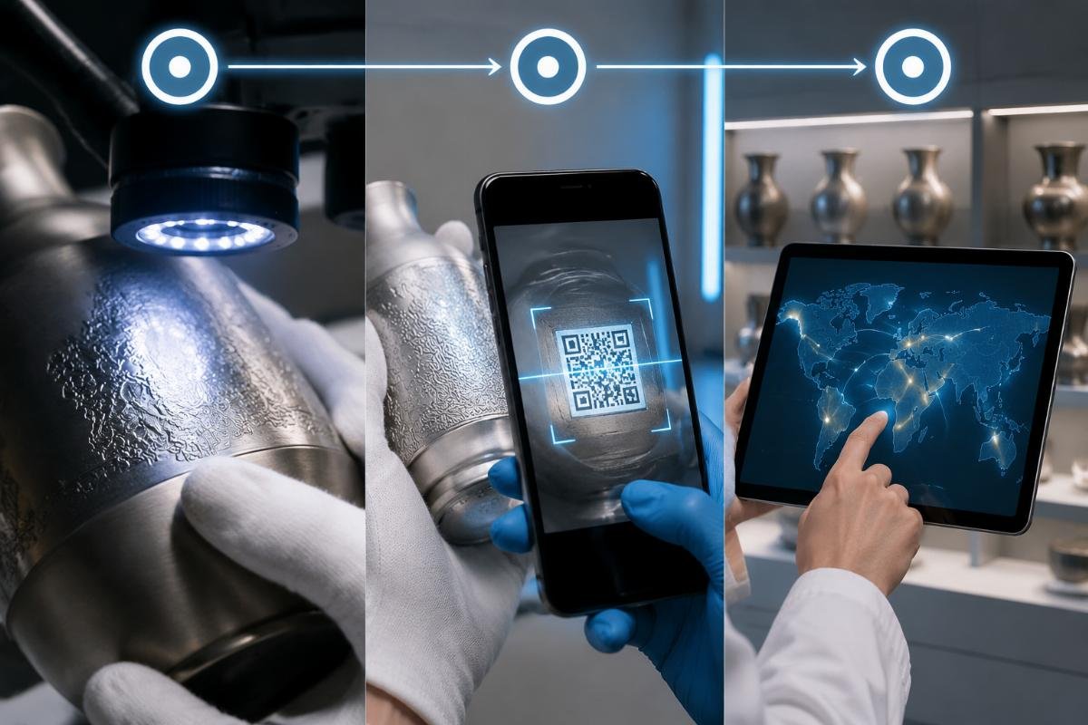 Three-layer authenticity verification process showing engraving inspection QR code scan and origin list cross-check