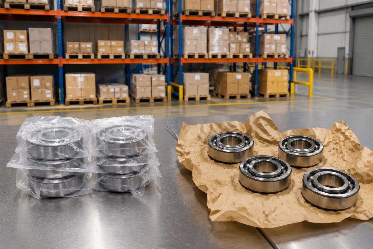 Warehouse storage comparison showing sealed versus open bearing packaging in industrial environment