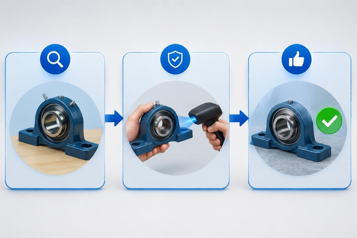 Workflow diagram showing three-step SKF pillow block origin verification process